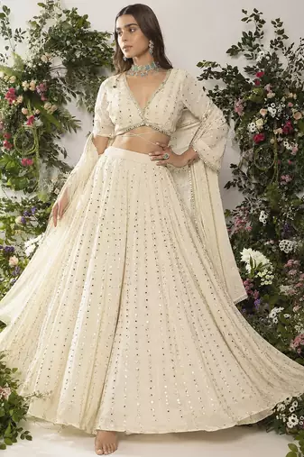 Elegant Ivory 5MM Sequin & Tone-on-Tone Thread Embroidered Lehenga Choli