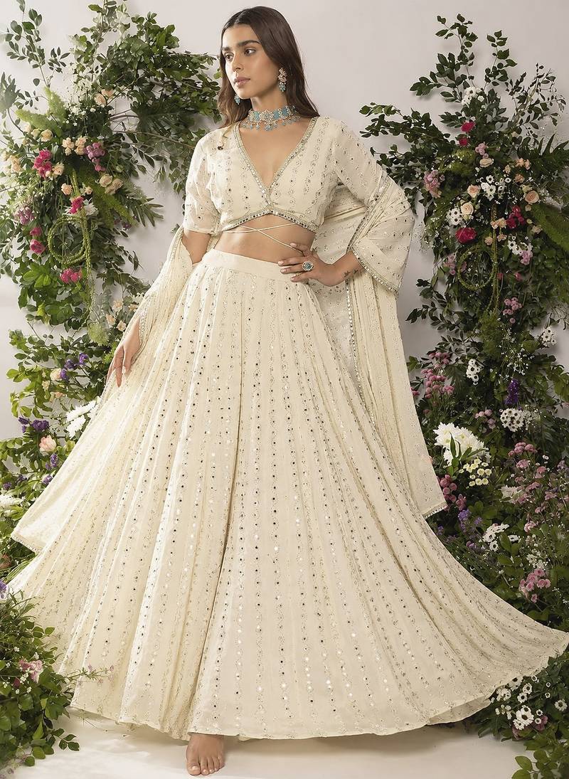 Elegant Ivory 5MM Sequin & Tone-on-Tone Thread Embroidered Lehenga Choli