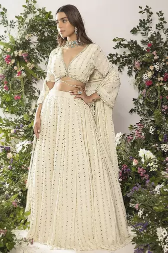Elegant Ivory 5MM Sequin & Tone-on-Tone Thread Embroidered Lehenga Choli
