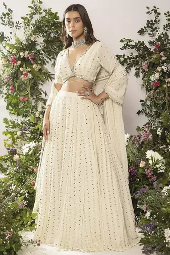 Elegant Ivory 5MM Sequin & Tone-on-Tone Thread Embroidered Lehenga Choli