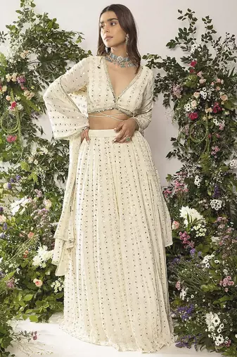 Elegant Ivory 5MM Sequin & Tone-on-Tone Thread Embroidered Lehenga Choli