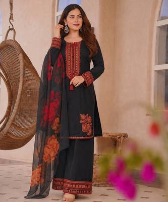 black color embroidery and thread work cotton kurti salwar set 1