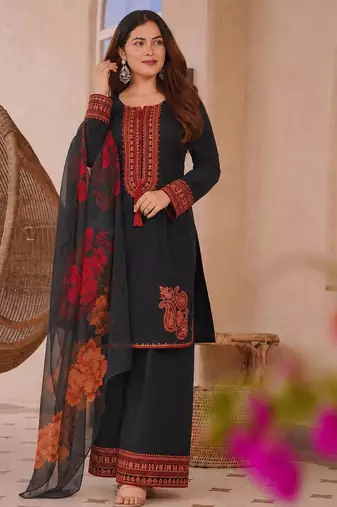 black color embroidery and thread work cotton kurti salwar set