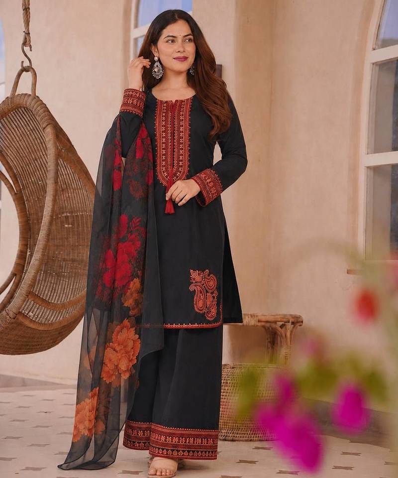 black color embroidery and thread work cotton kurti salwar set