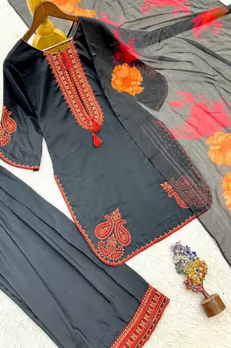 black color embroidery and thread work cotton kurti salwar set