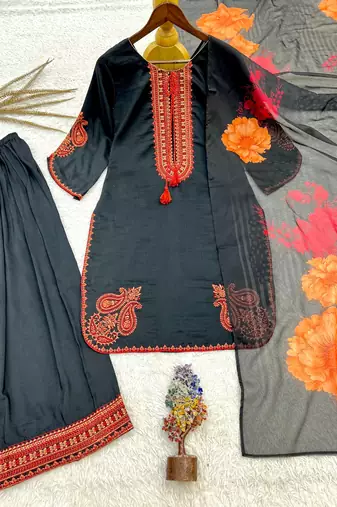 black color embroidery and thread work cotton kurti salwar set
