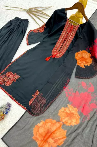 black color embroidery and thread work cotton kurti salwar set