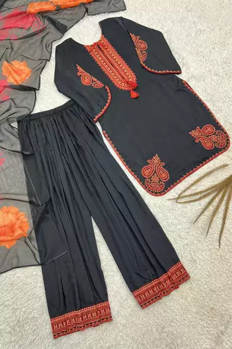 black color embroidery and thread work cotton kurti salwar set