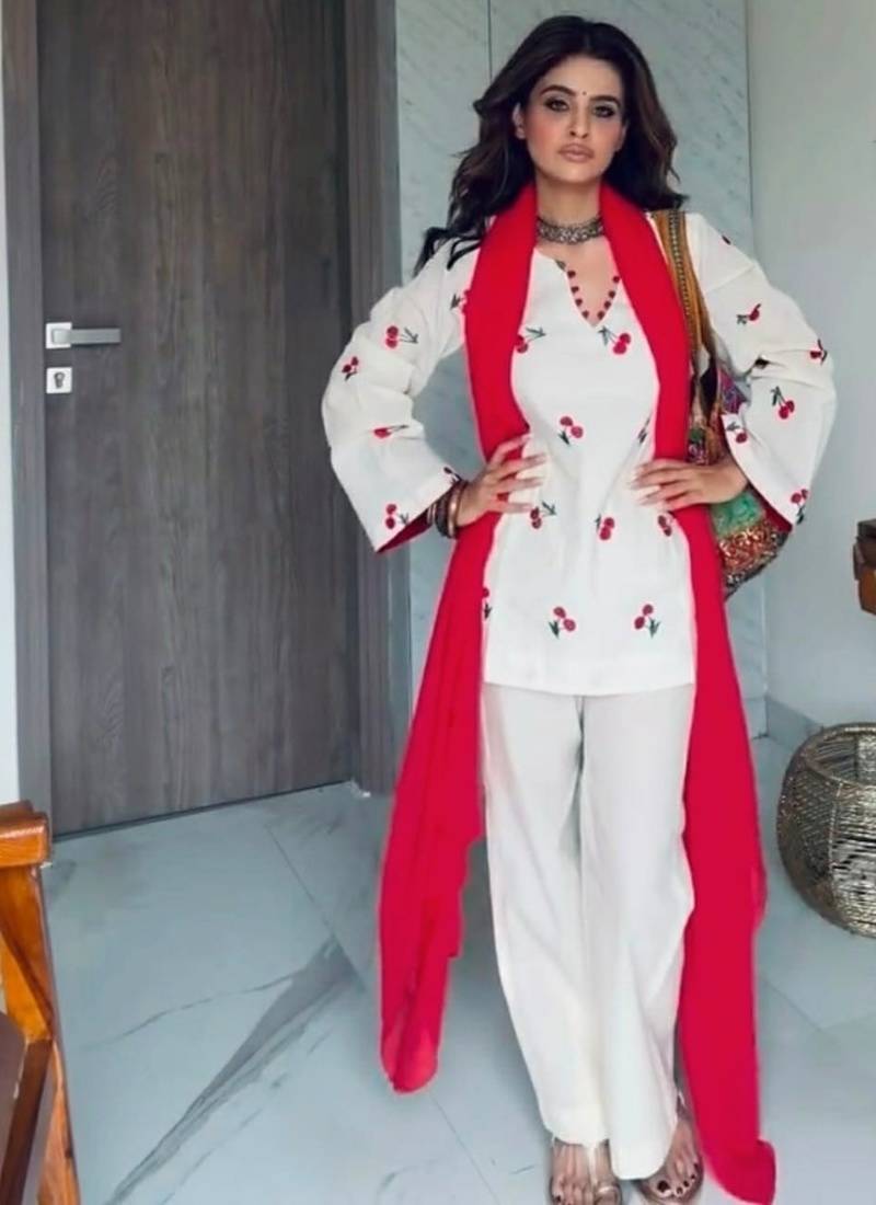 white embroidery cambric cotton full stitched sharara plazo
