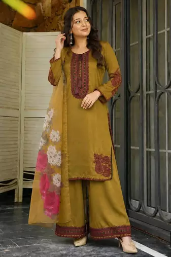 mustard color embroidery and thread work cotton kurti salwar set