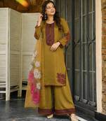 mustard color embroidery and thread work cotton kurti salwar set