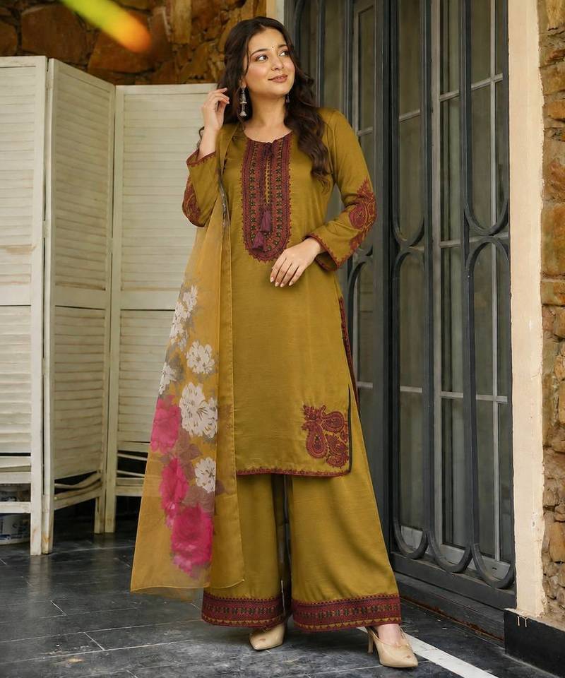 mustard color embroidery and thread work cotton kurti salwar set