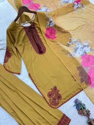 mustard color embroidery and thread work cotton kurti salwar set 2