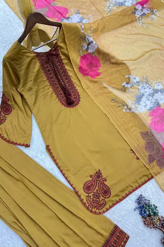 mustard color embroidery and thread work cotton kurti salwar set