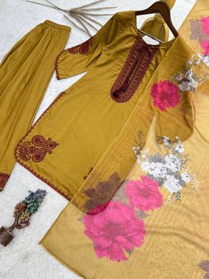 mustard color embroidery and thread work cotton kurti salwar set 3