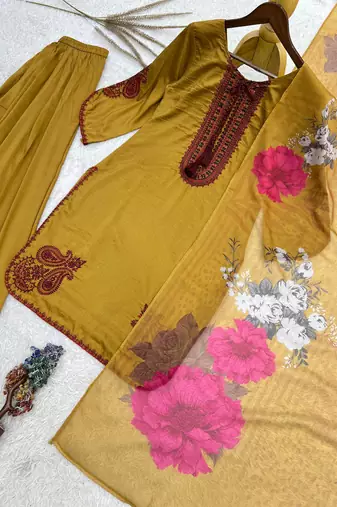 mustard color embroidery and thread work cotton kurti salwar set