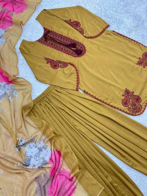 mustard color embroidery and thread work cotton kurti salwar set 4