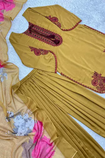 mustard color embroidery and thread work cotton kurti salwar set