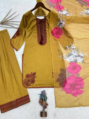 mustard color embroidery and thread work cotton kurti salwar set 5