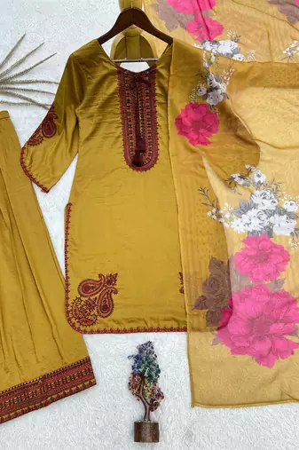 mustard color embroidery and thread work cotton kurti salwar set