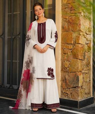 white color embroidery and thread work cotton kurti salwar set 1