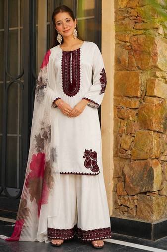 white color embroidery and thread work cotton kurti salwar set