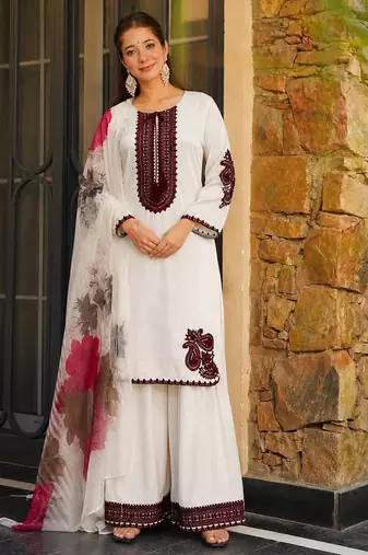 white color embroidery and thread work cotton kurti salwar set