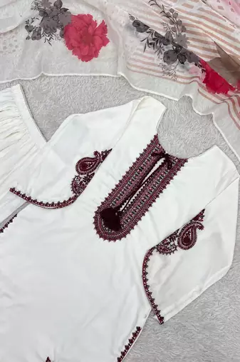 white color embroidery and thread work cotton kurti salwar set