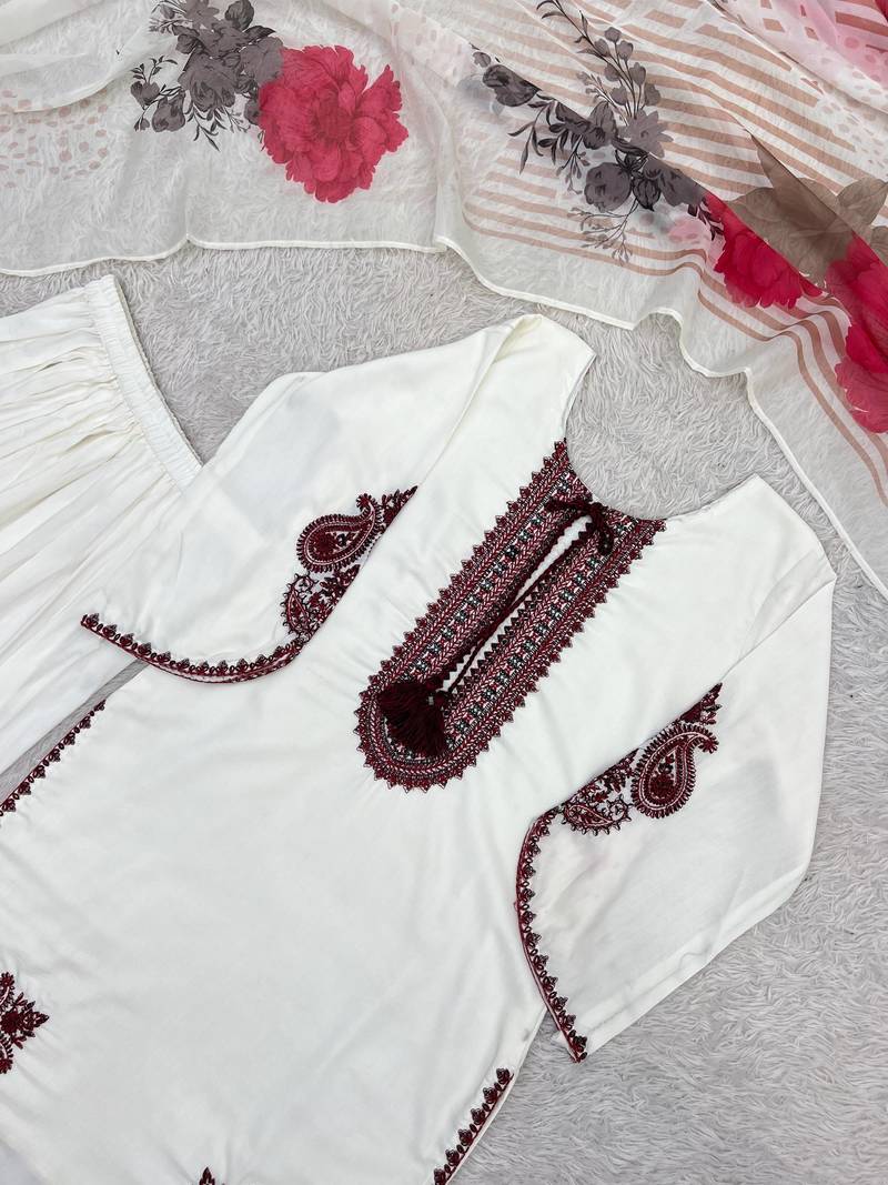 white color embroidery and thread work cotton kurti salwar set