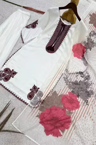 white color embroidery and thread work cotton kurti salwar set
