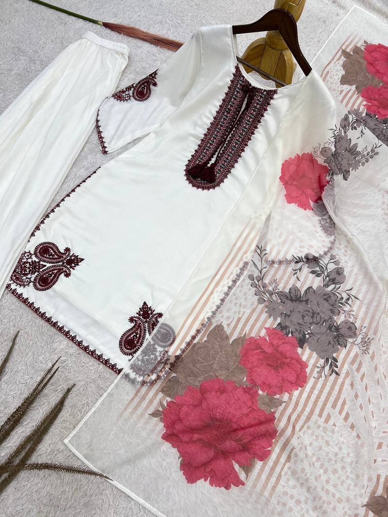 white color embroidery and thread work cotton kurti salwar set