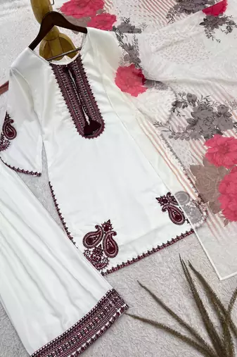 white color embroidery and thread work cotton kurti salwar set