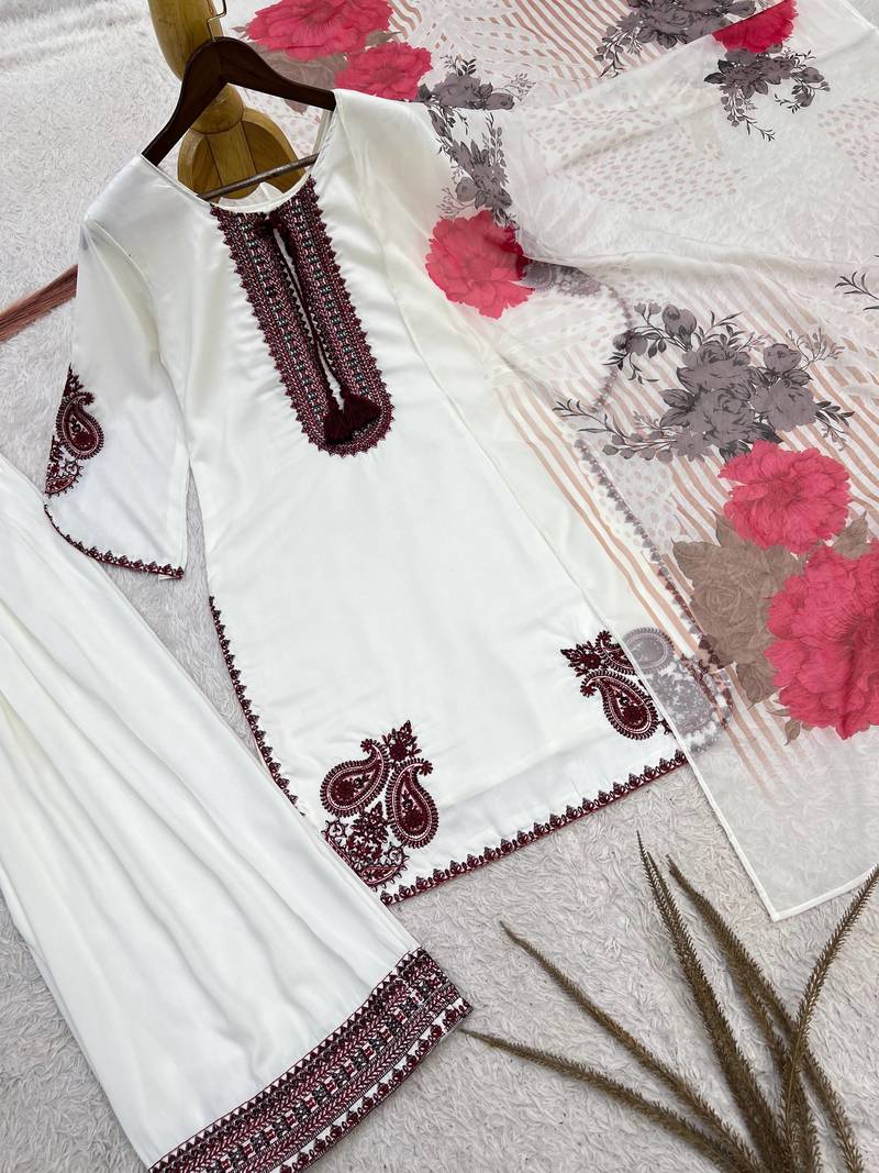white color embroidery and thread work cotton kurti salwar set