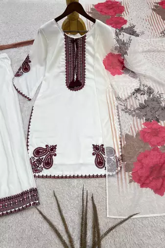 white color embroidery and thread work cotton kurti salwar set