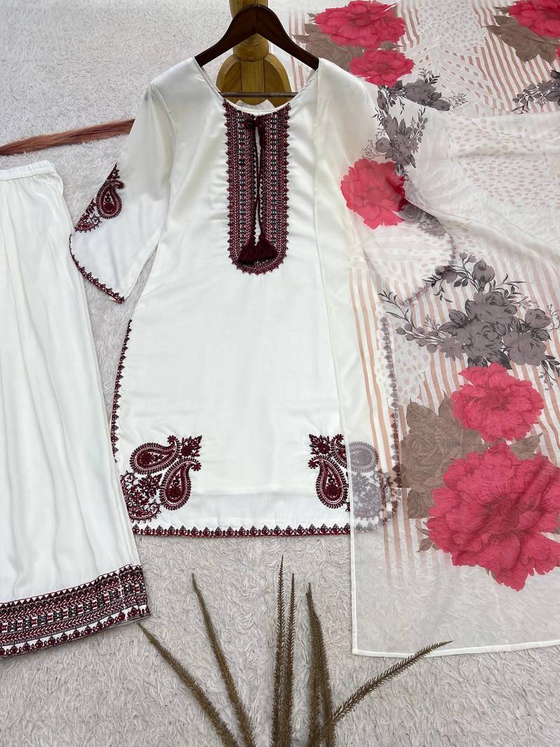 white color embroidery and thread work cotton kurti salwar set