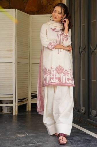off white print cotton full stitched farshi salwar