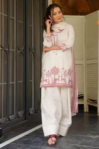 off white print cotton full stitched farshi salwar