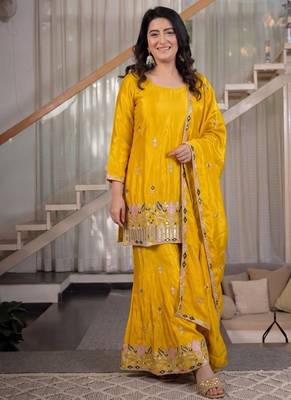 yellow embroidery satin silk    full stitched sharara plazo 1