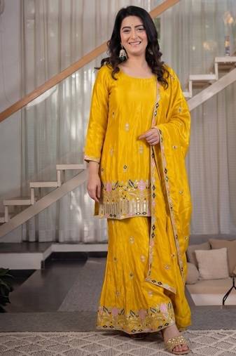 yellow embroidery satin silk    full stitched sharara plazo