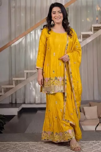 yellow embroidery satin silk    full stitched sharara plazo