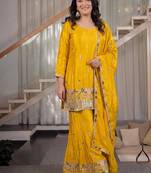 yellow embroidery satin silk    full stitched sharara plazo