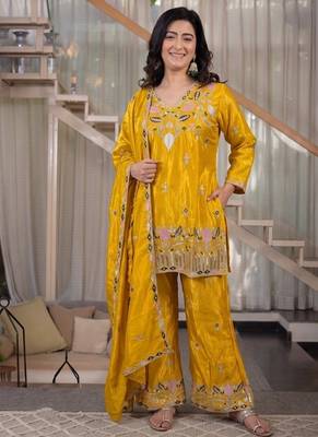 yellow embroidery satin silk    full stitched sharara plazo 2