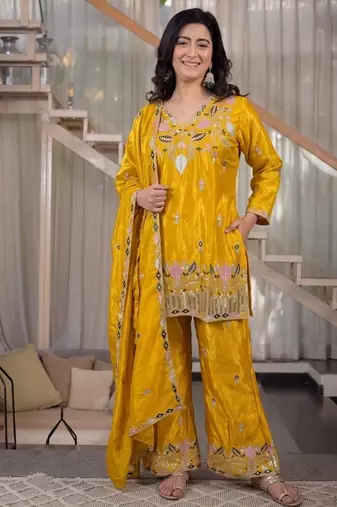 yellow embroidery satin silk    full stitched sharara plazo