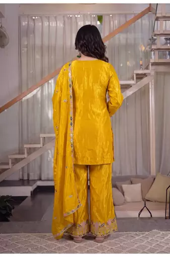yellow embroidery satin silk    full stitched sharara plazo
