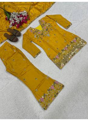 yellow embroidery satin silk    full stitched sharara plazo 4