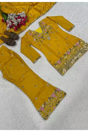 yellow embroidery satin silk    full stitched sharara plazo