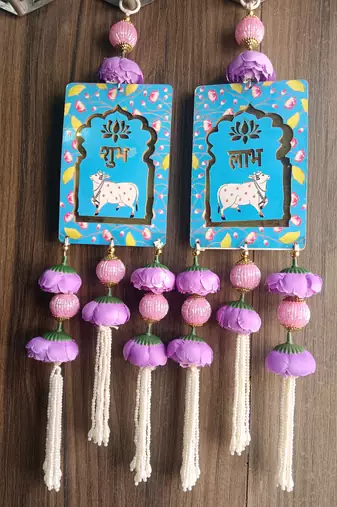 shubh labh cow design hanging with peony flowers pack of 2
