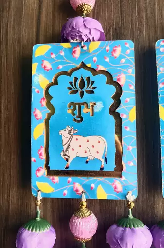shubh labh cow design hanging with peony flowers pack of 2