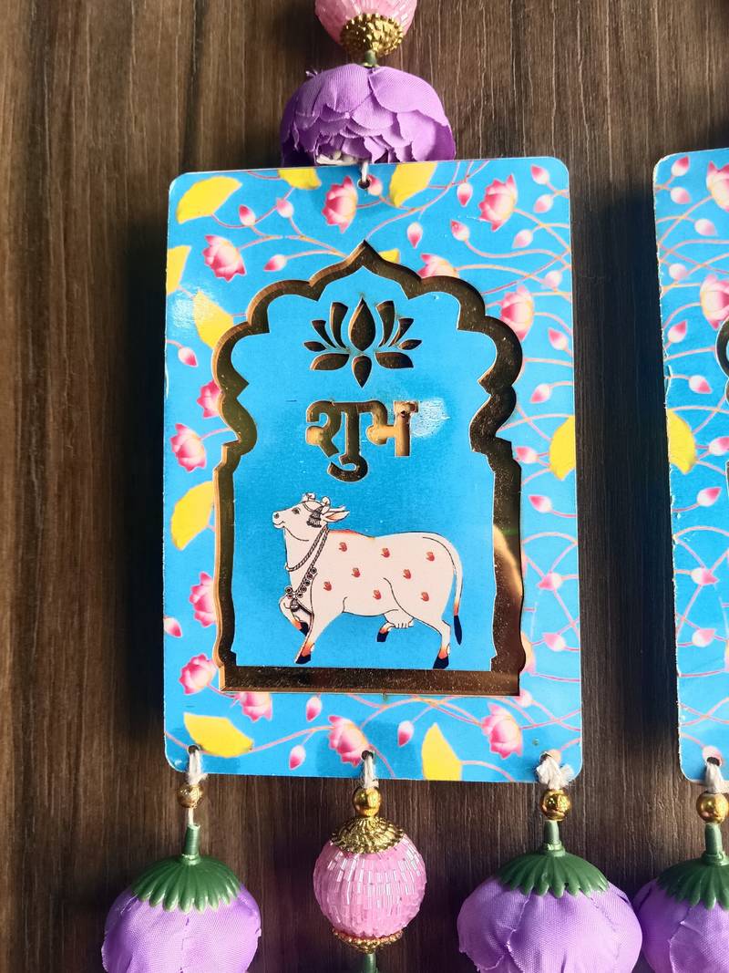 shubh labh cow design hanging with peony flowers pack of 2