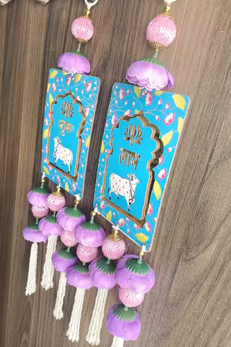 shubh labh cow design hanging with peony flowers pack of 2